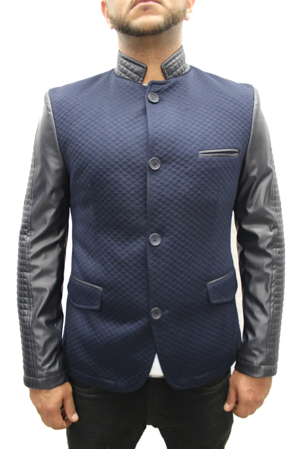 "Moein" Navy Blue Blazer With Leather Details On Sleeve And Collar