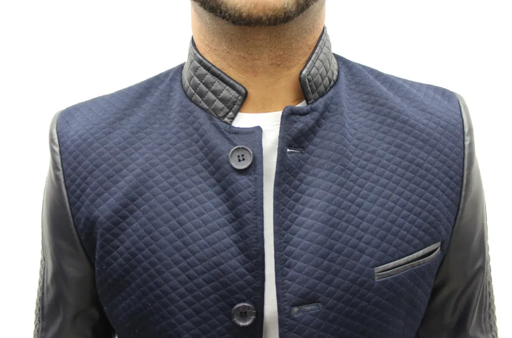 "Moein" Navy Blue Blazer With Leather Details On Sleeve And Collar