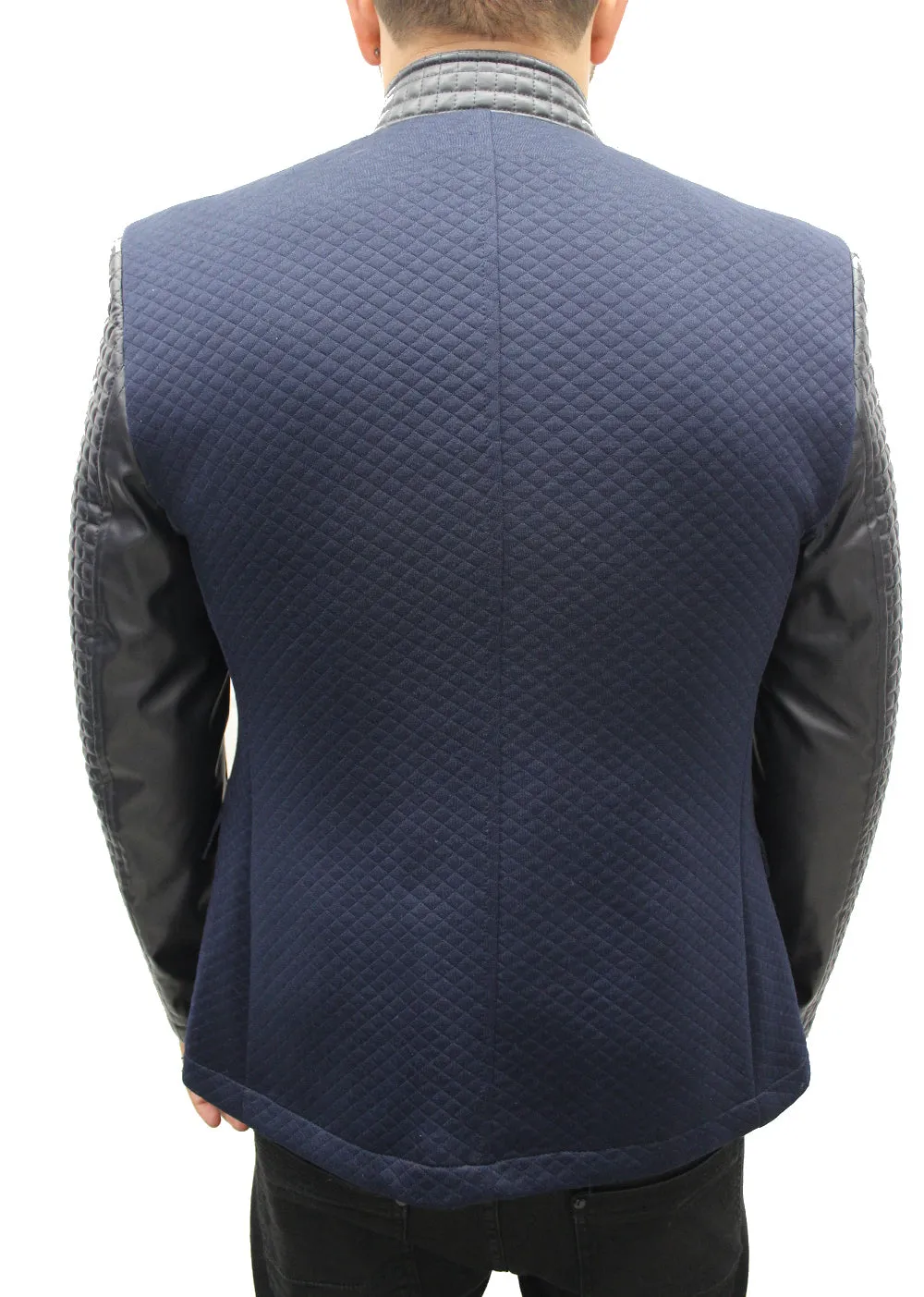 "Moein" Navy Blue Blazer With Leather Details On Sleeve And Collar