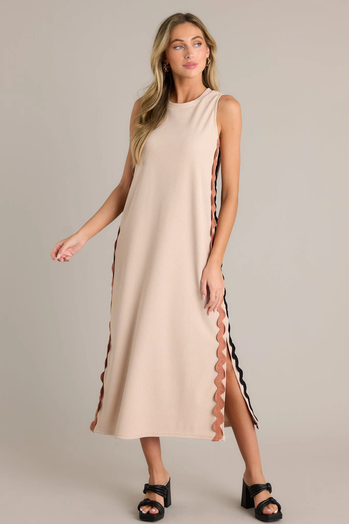 Radiant Glow Taupe Ricrac Midi Dress