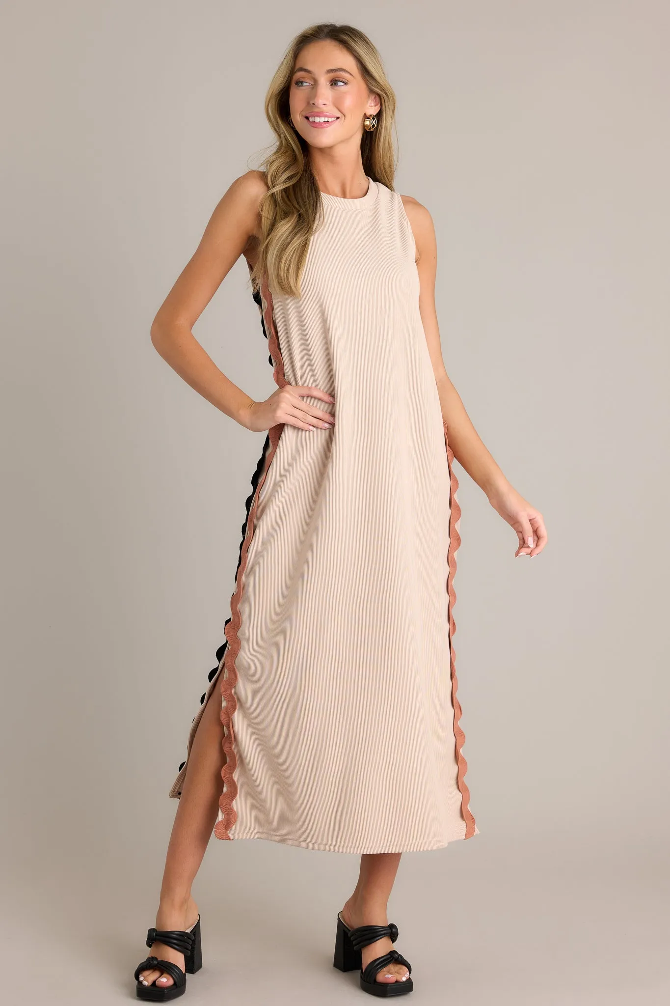 Radiant Glow Taupe Ricrac Midi Dress