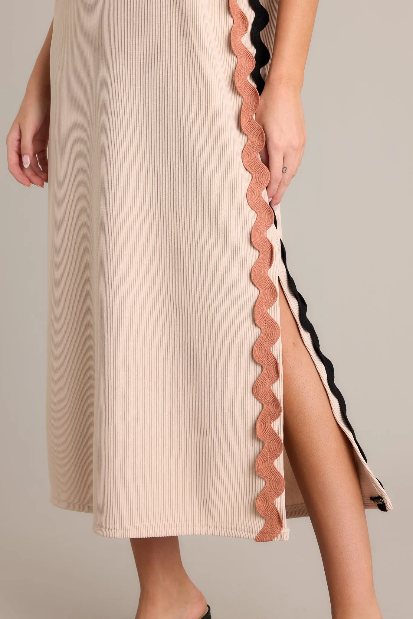 Radiant Glow Taupe Ricrac Midi Dress