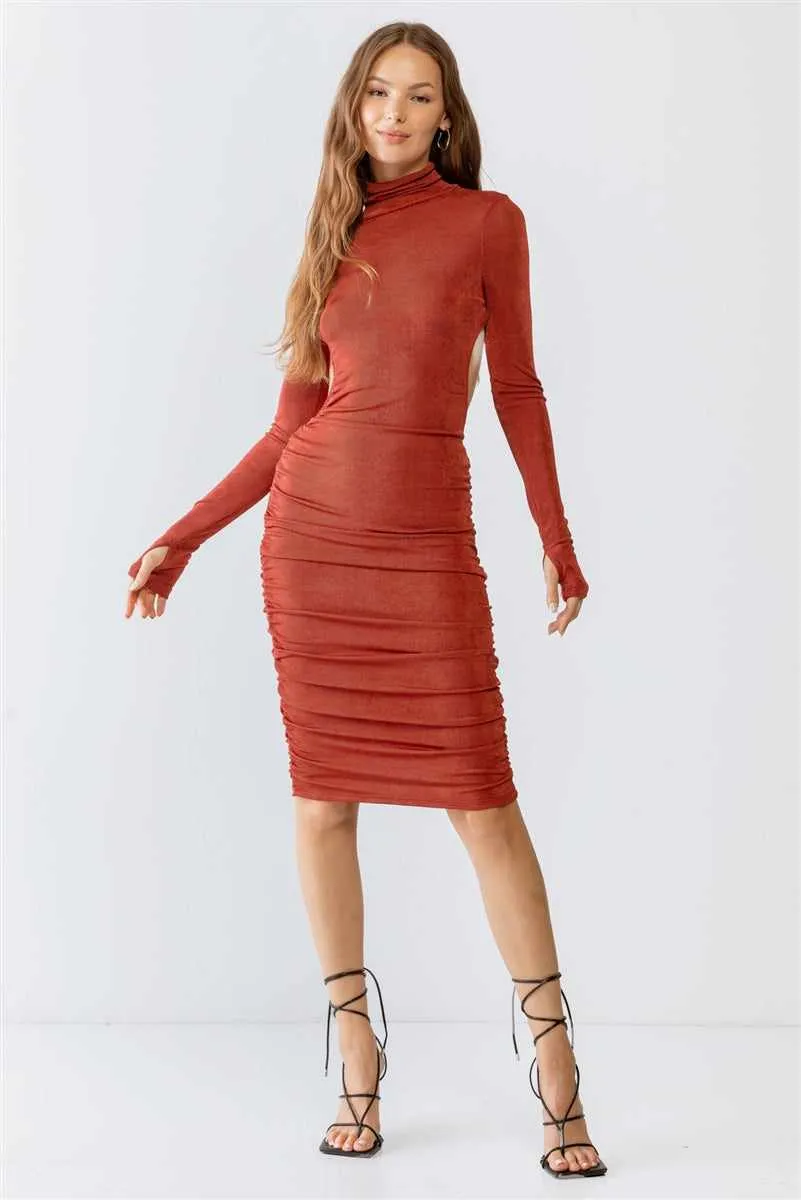 Ruched Turtle Neck Open Back Midi Dress