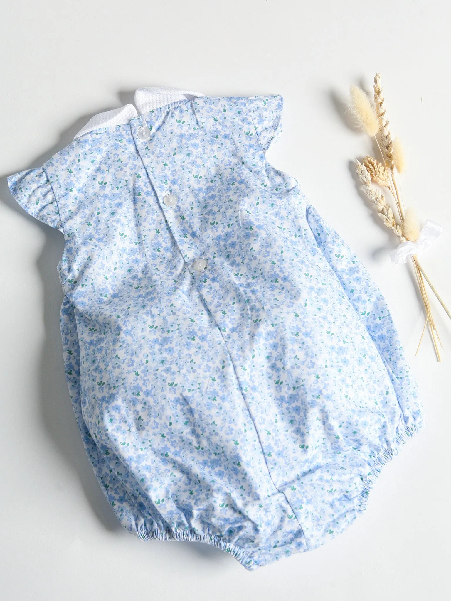 Sardon Blue Ditsy Floral Print Smocked Romper