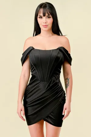 Satin Off-The-Shoulder Pleated Mini Dress in Black (C52)
