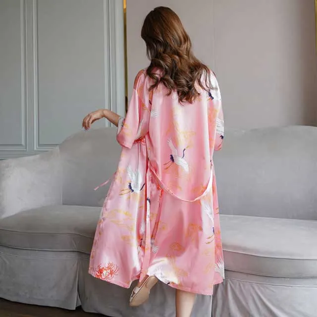 Silk Bridal Gown Print Crane Robe