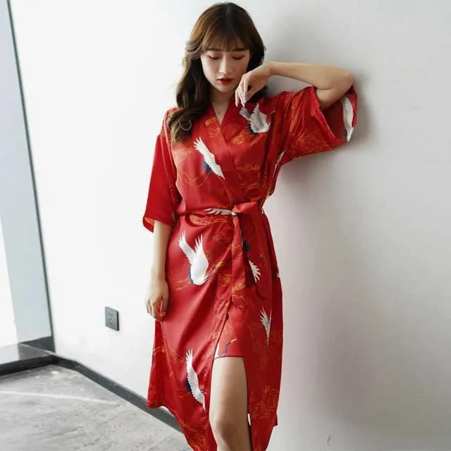 Silk Bridal Gown Print Crane Robe