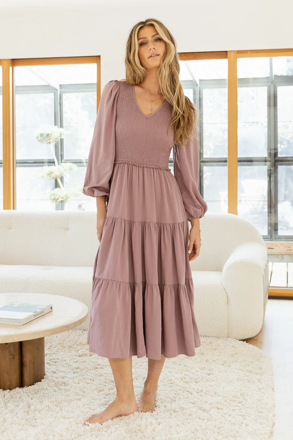Smocked Tiered Midi Dress in Lavender - FINAL SALE