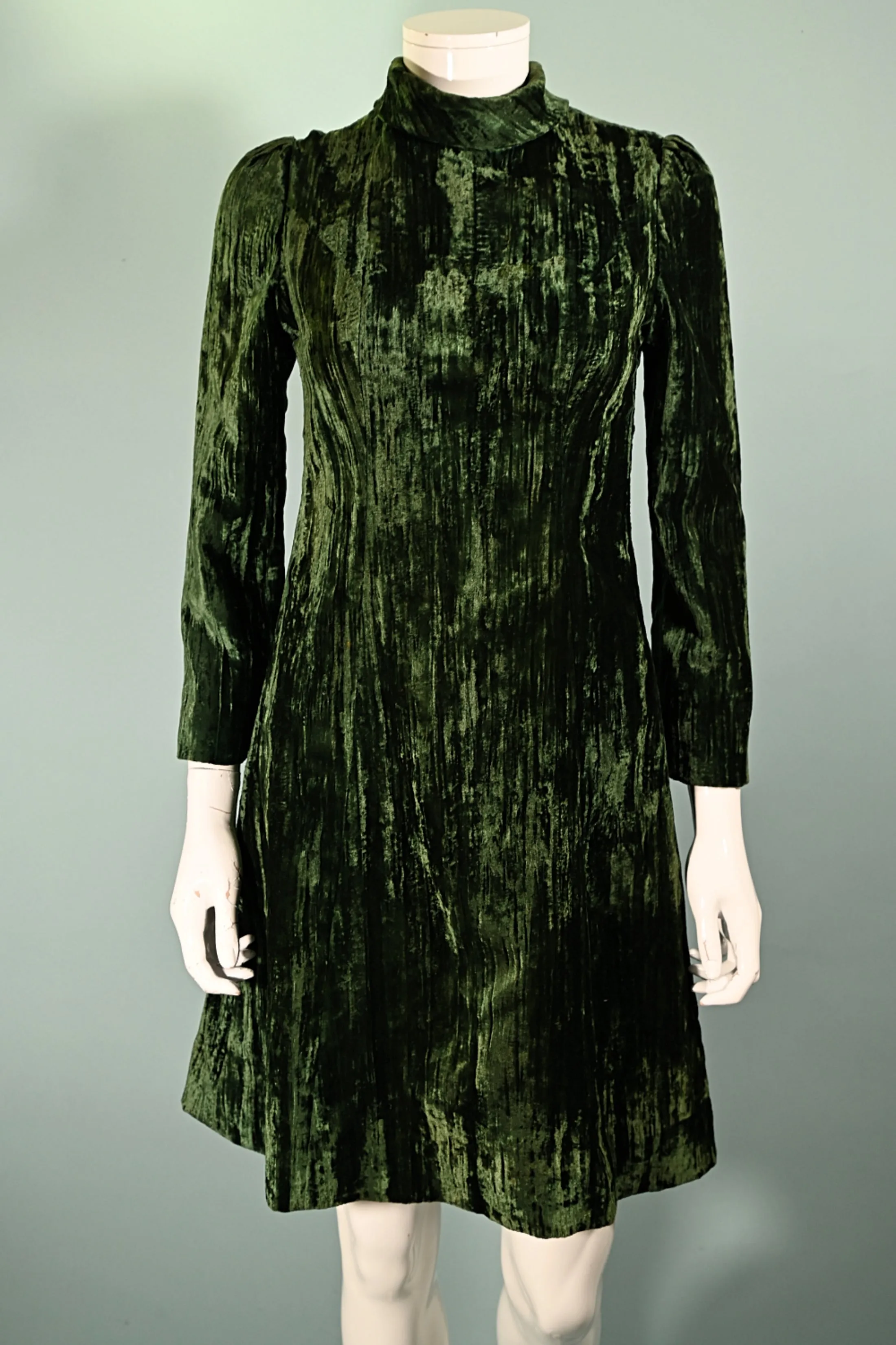 SOLD 60s Dark Green Crushed Velvet Dress