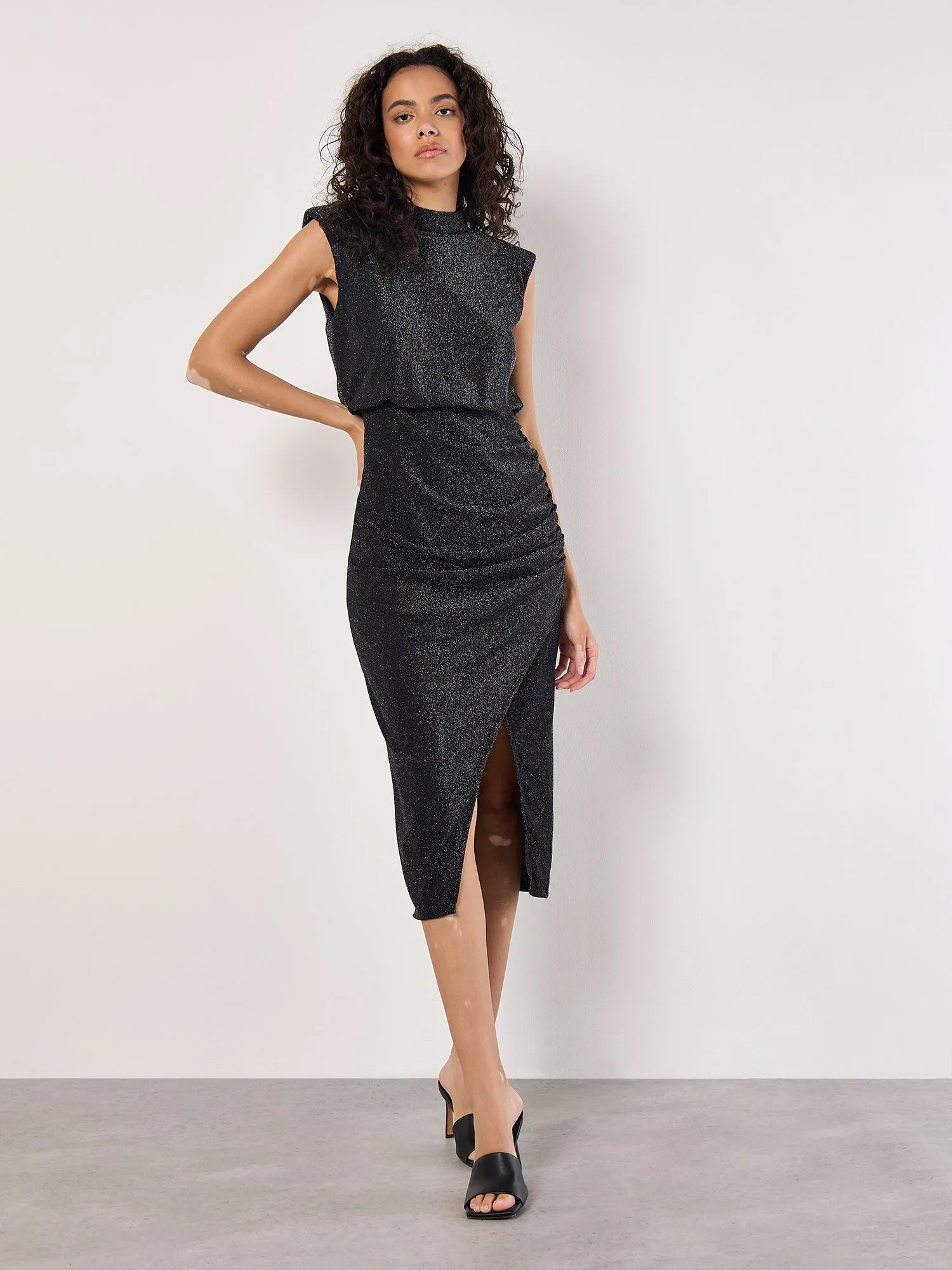 Sparkle Mock Neck Rouched Dress