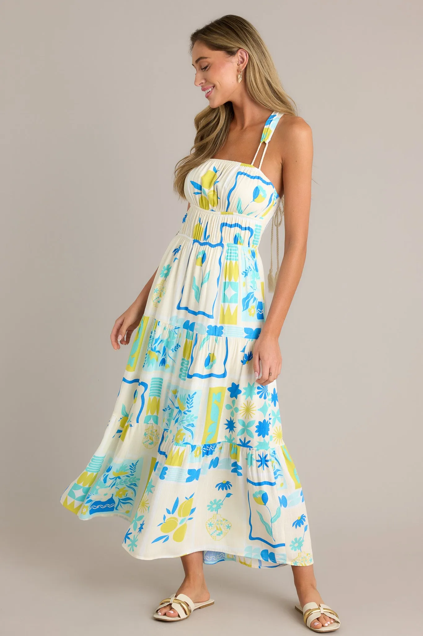 Summer Squeeze Blue Multi Print Tiered Midi Dress