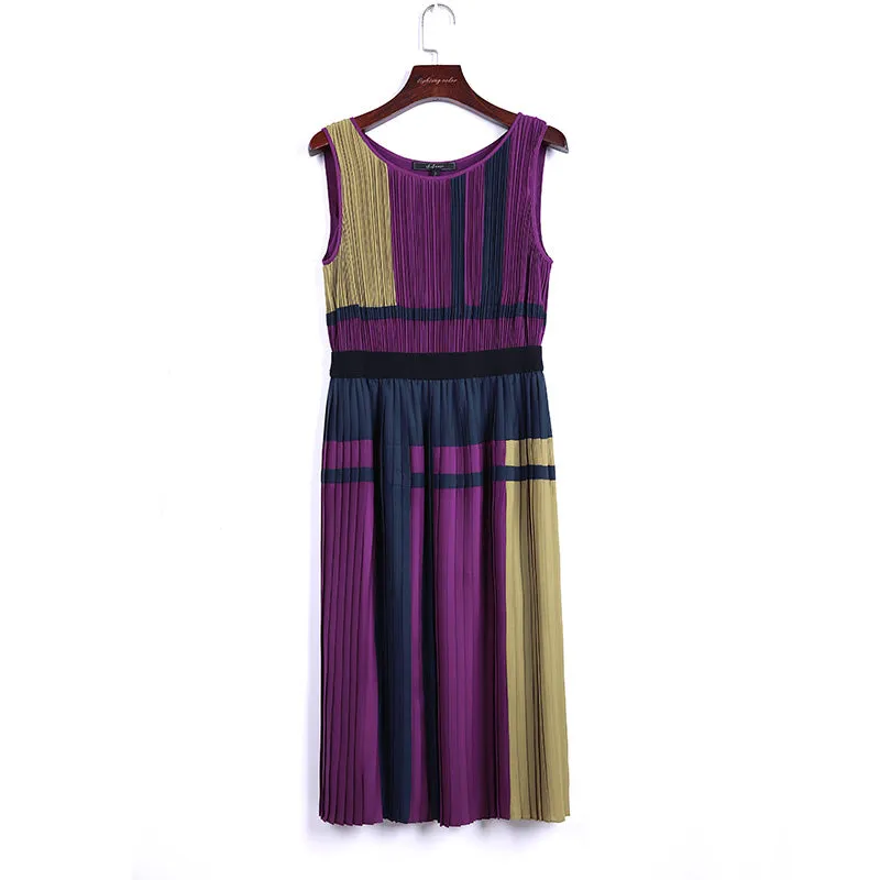T869 Women color-block patchwork design pleated midi party dress