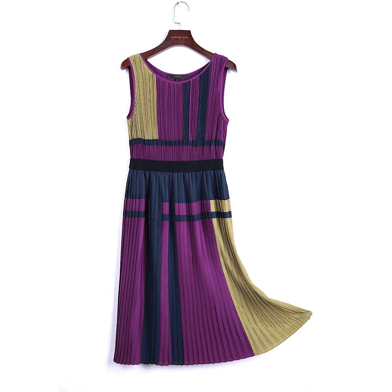 T869 Women color-block patchwork design pleated midi party dress