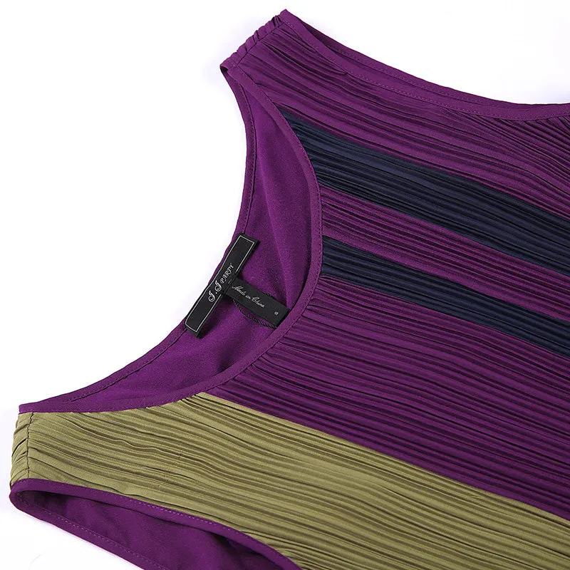 T869 Women color-block patchwork design pleated midi party dress