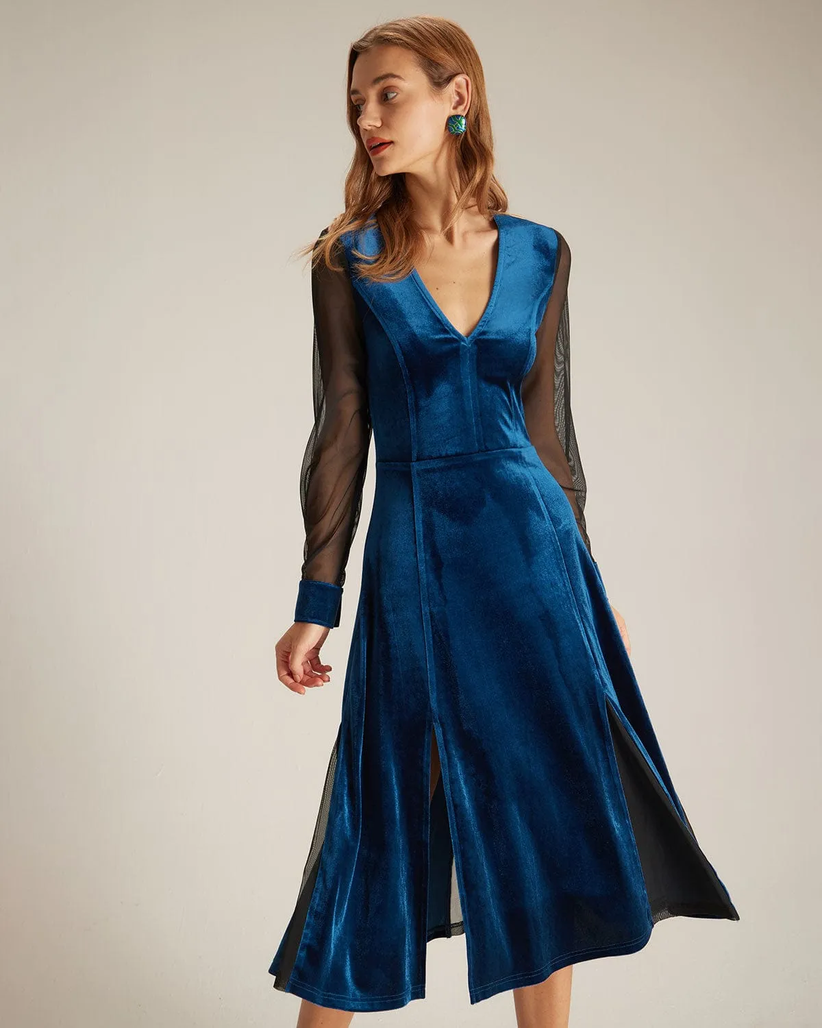 The Blue V Neck Velvet Mesh Midi Dress