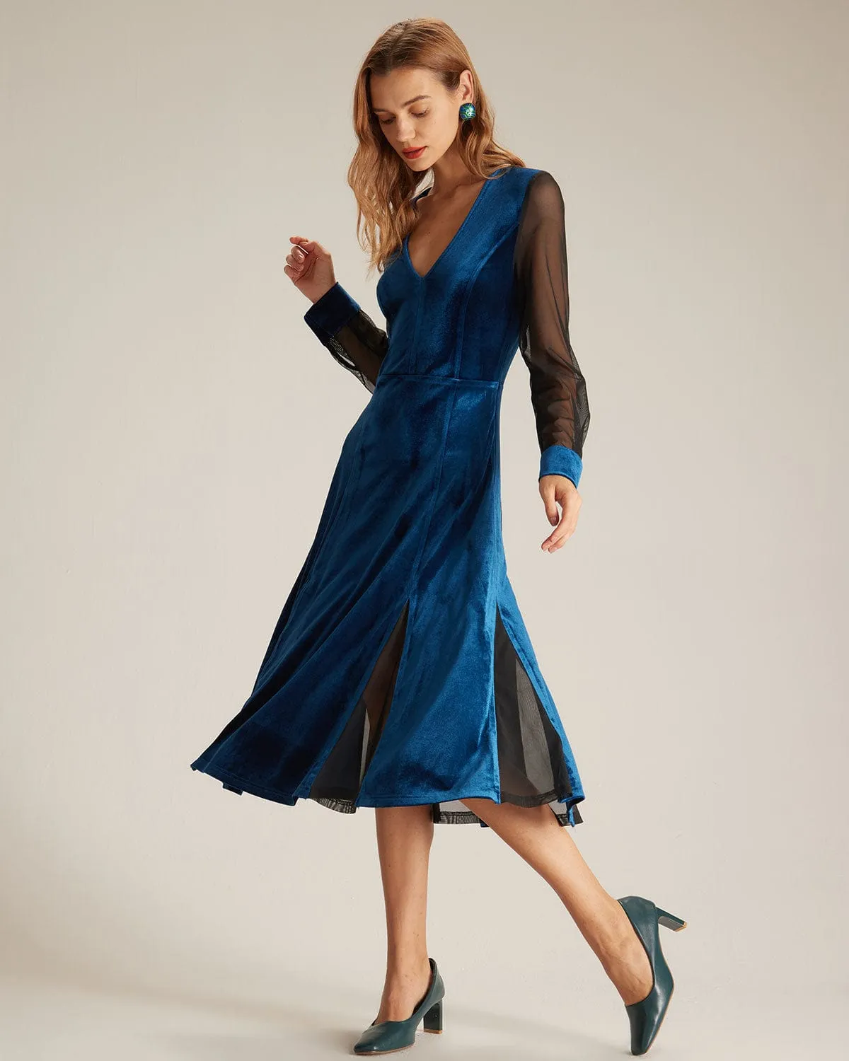 The Blue V Neck Velvet Mesh Midi Dress