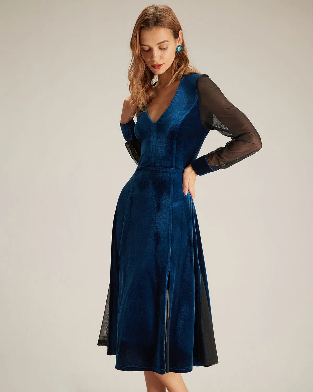 The Blue V Neck Velvet Mesh Midi Dress