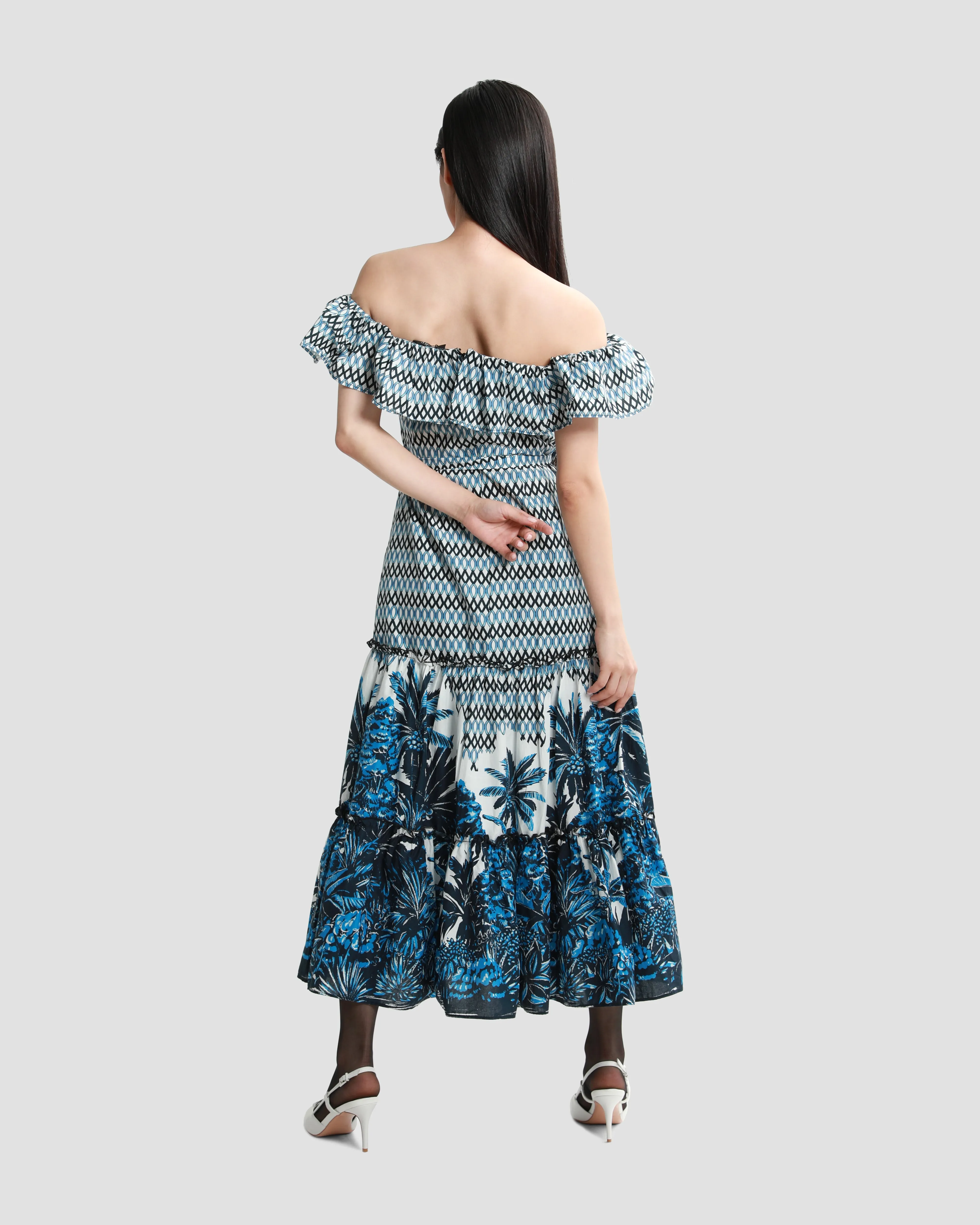 Tropical Print Ruffled Tiered Midi Dress