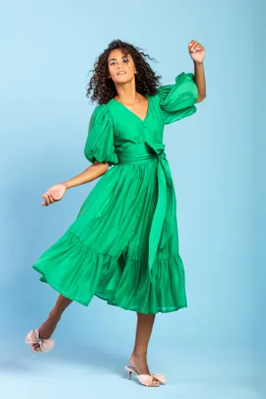 V-neck midi dress with gathered sleeves.