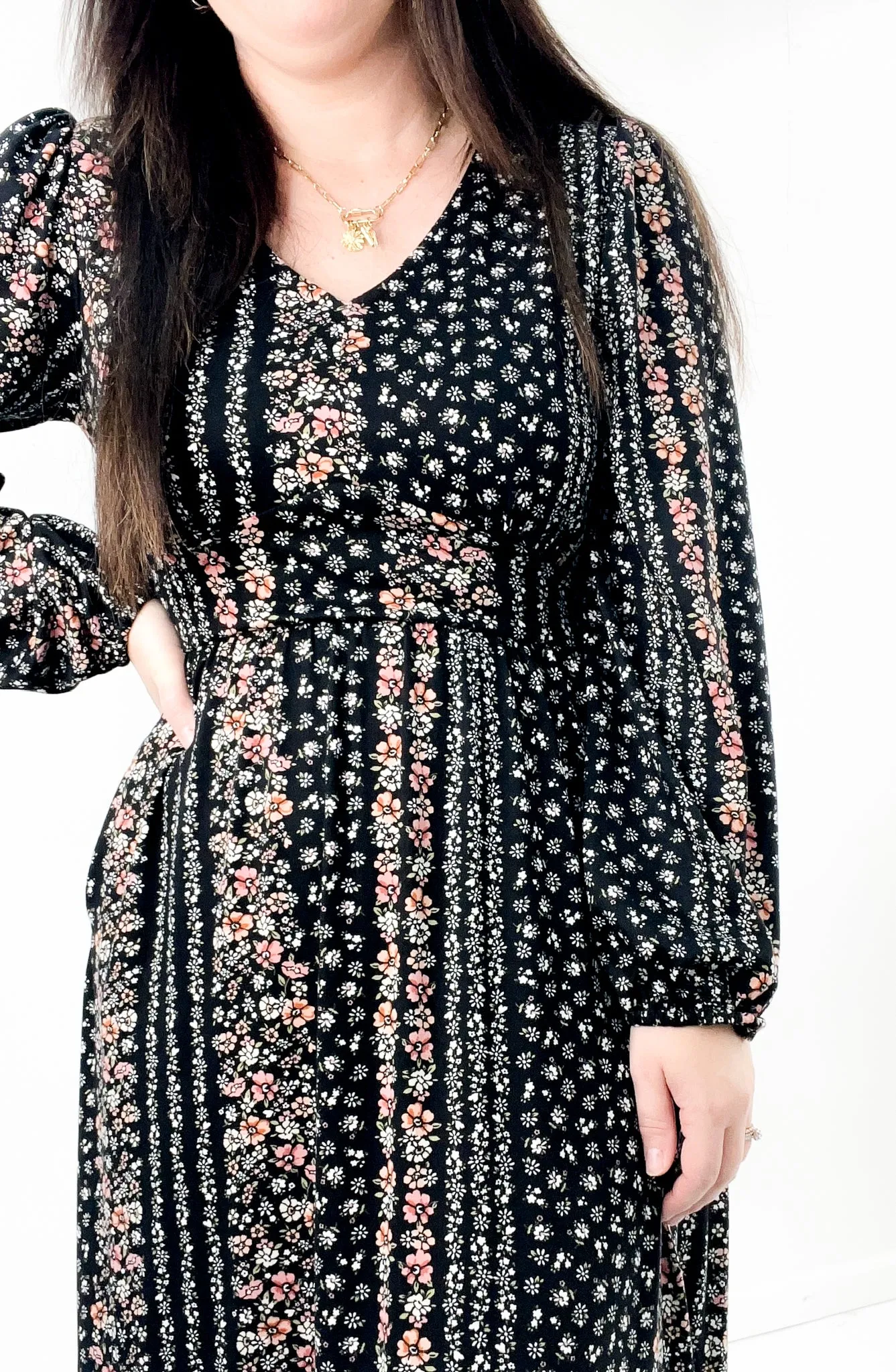 Vintage Floral Long Sleeve Midi Dress