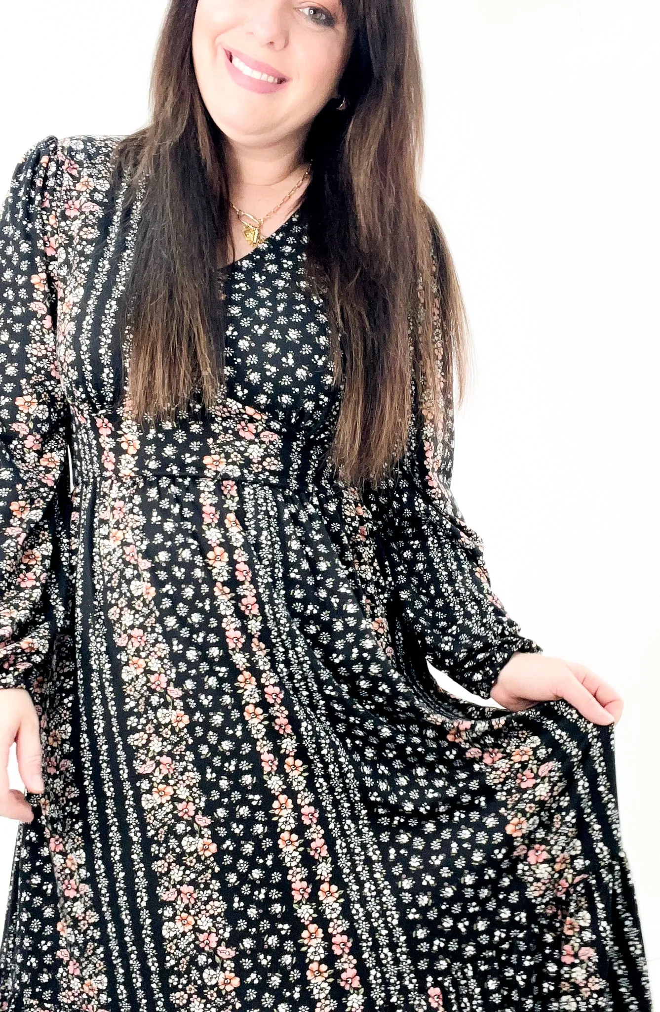 Vintage Floral Long Sleeve Midi Dress