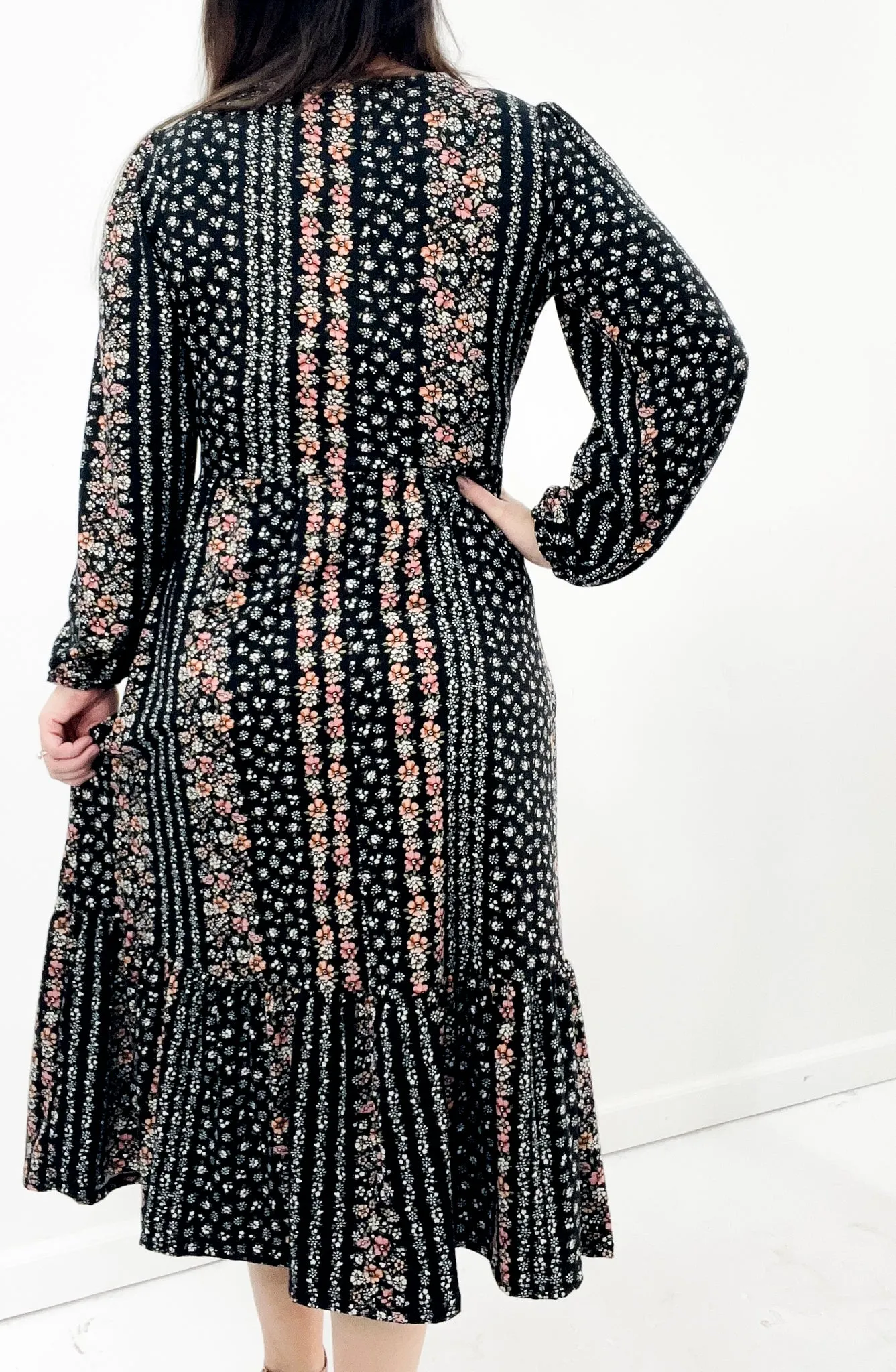 Vintage Floral Long Sleeve Midi Dress
