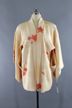 Vintage Silk Kimono Cardigan Jacket / Yellow Orange Maple Leaves