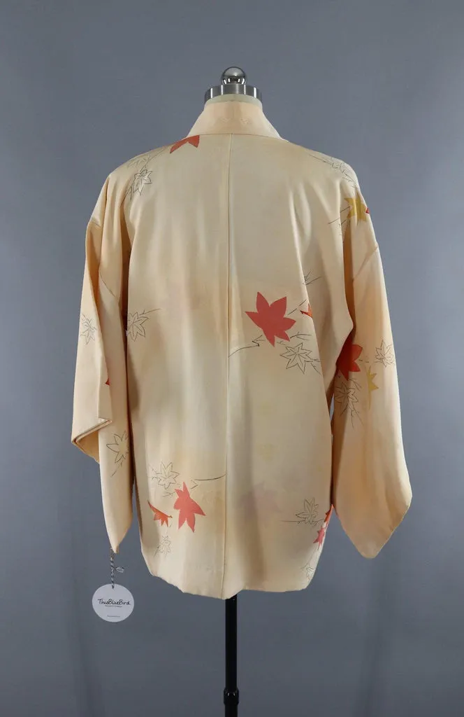 Vintage Silk Kimono Cardigan Jacket / Yellow Orange Maple Leaves