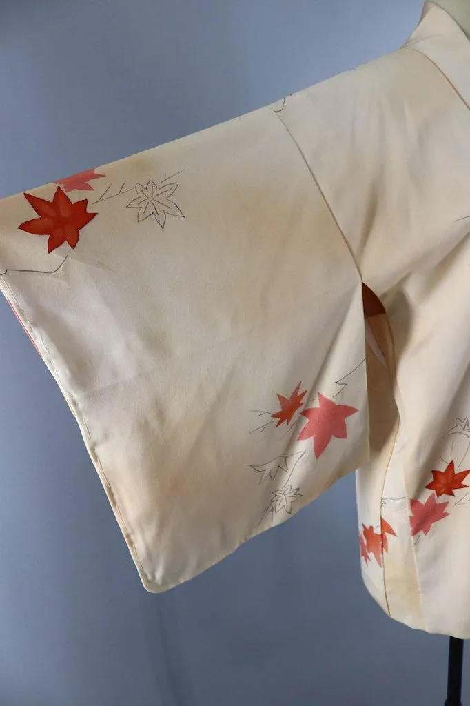 Vintage Silk Kimono Cardigan Jacket / Yellow Orange Maple Leaves