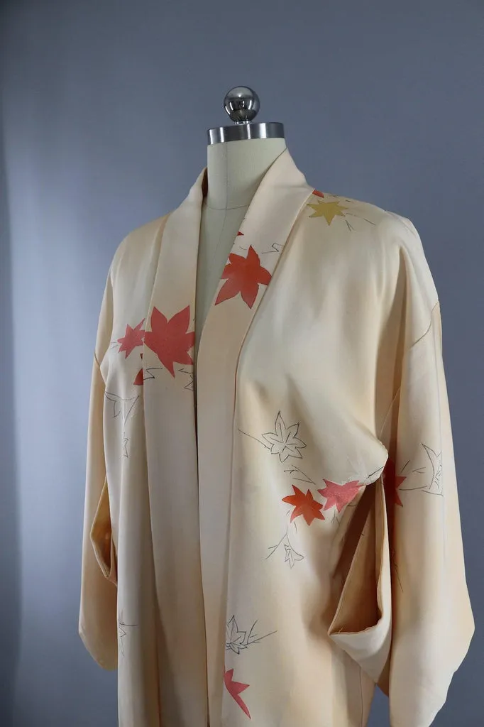 Vintage Silk Kimono Cardigan Jacket / Yellow Orange Maple Leaves