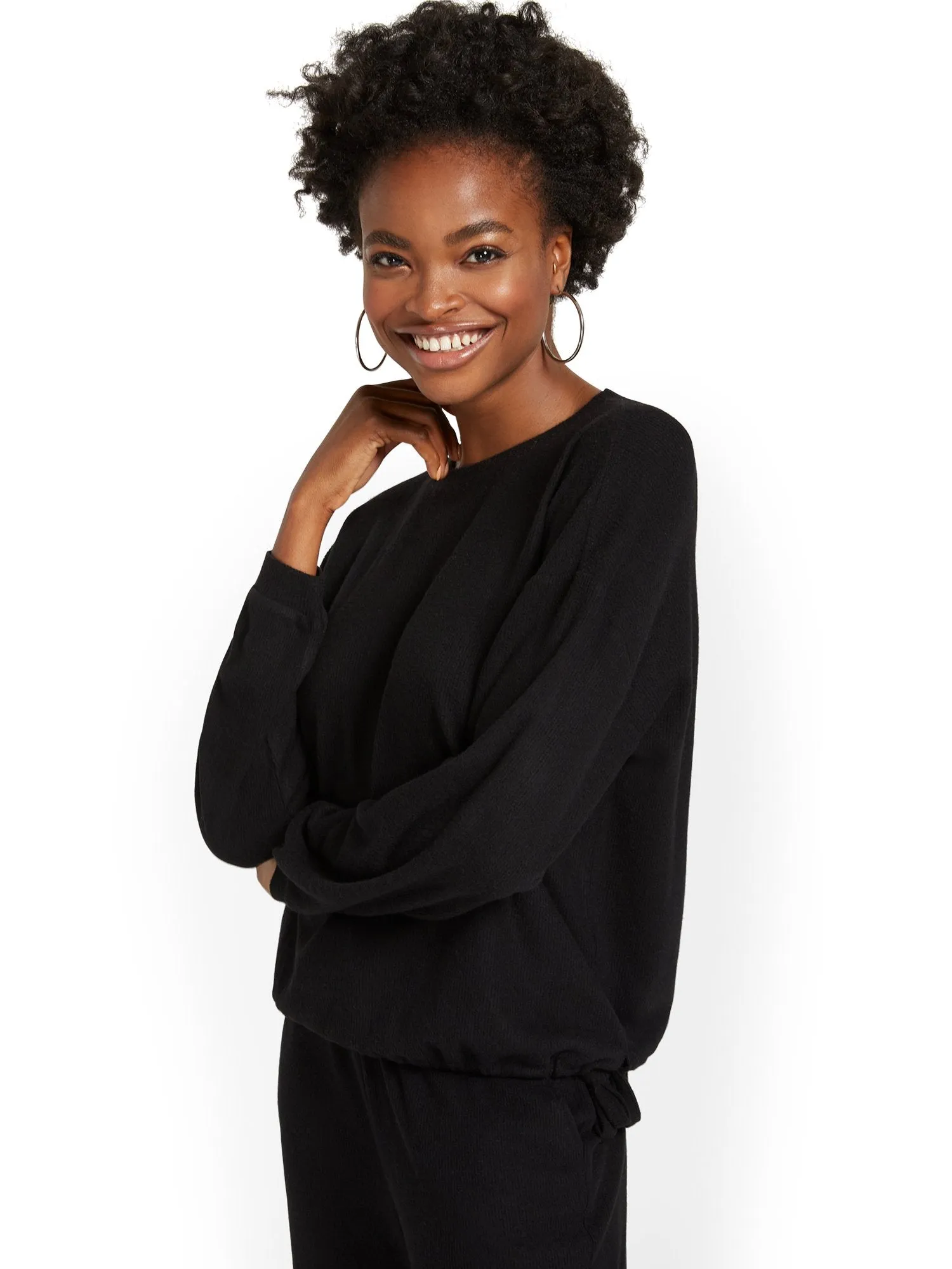 Volume-Sleeve Waffle Pullover