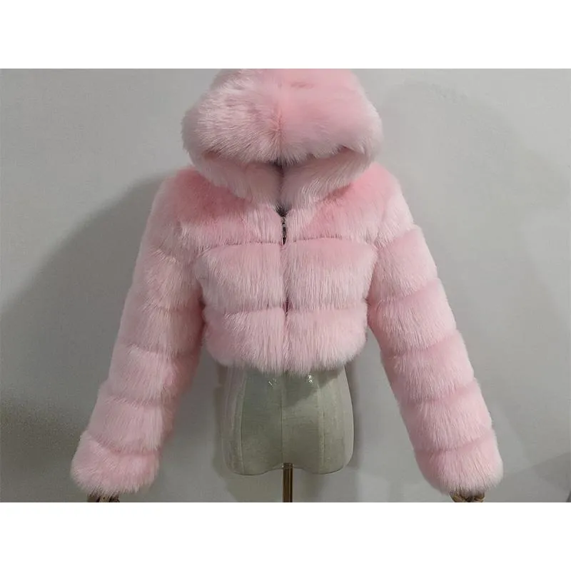 Women cropped hooded solid color long sleeve faux fur coat