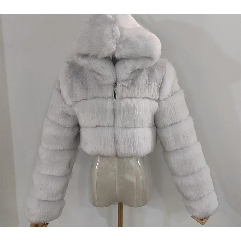 Women cropped hooded solid color long sleeve faux fur coat