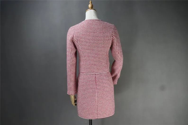 Women's Designer Inspired Custom Made Tweed Squire Neck Small Check Blazer   Skirt Suit