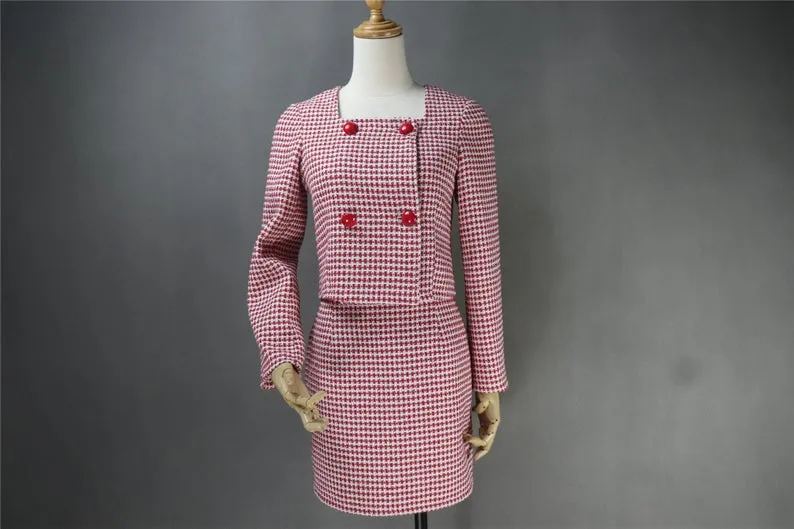Women's Designer Inspired Custom Made Tweed Squire Neck Small Check Blazer   Skirt Suit