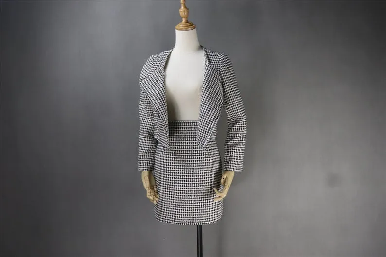 Women's Designer Inspired Custom Made Tweed Squire Neck Small Check Blazer   Skirt Suit
