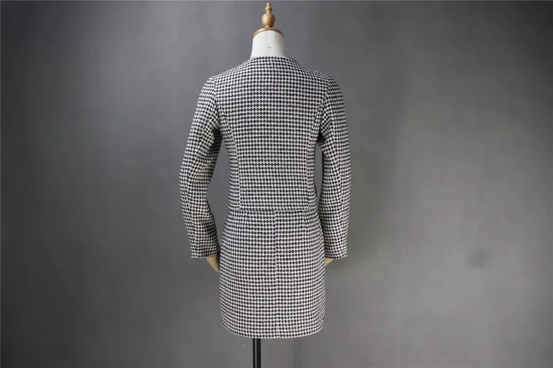 Women's Designer Inspired Custom Made Tweed Squire Neck Small Check Blazer   Skirt Suit
