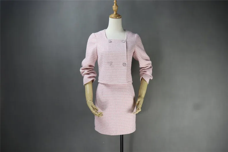 Women's Designer Inspired Custom Made Tweed Squire Neck Small Check Blazer   Skirt Suit