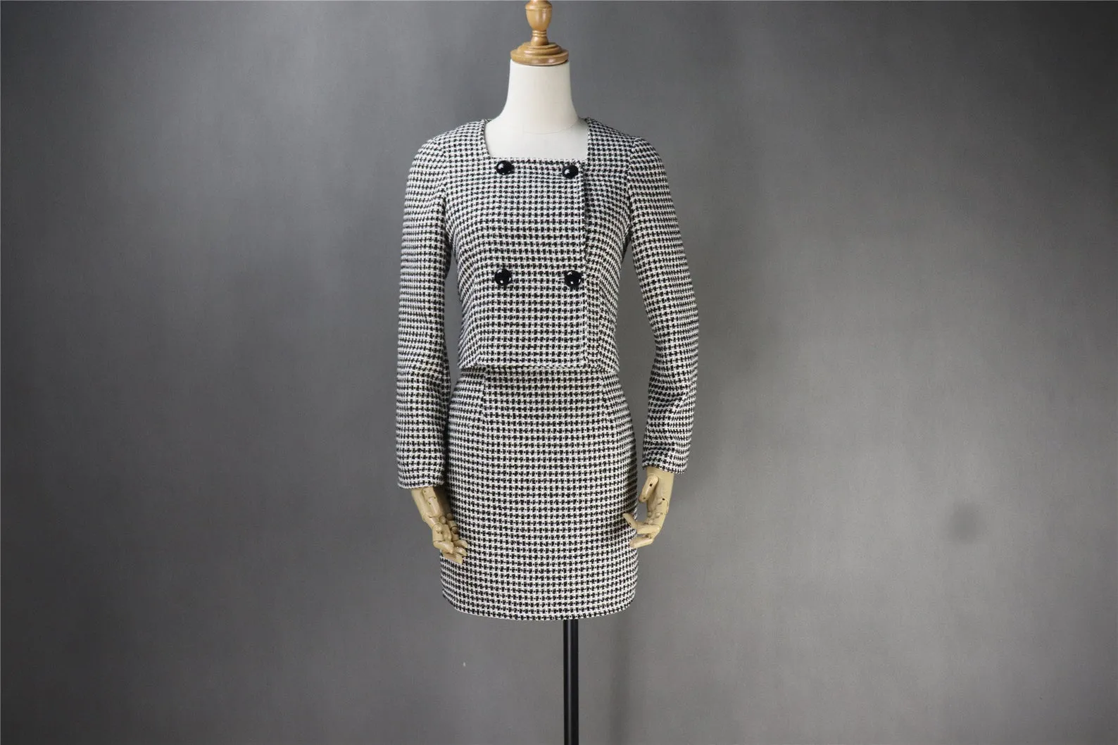 Women's Designer Inspired Custom Made Tweed Squire Neck Small Check Blazer   Skirt Suit