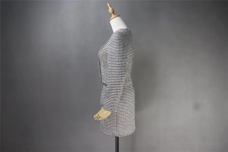 Women's Designer Inspired Custom Made Tweed Squire Neck Small Check Blazer   Skirt Suit