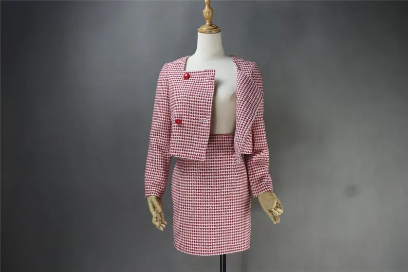 Women's Designer Inspired Custom Made Tweed Squire Neck Small Check Blazer   Skirt Suit