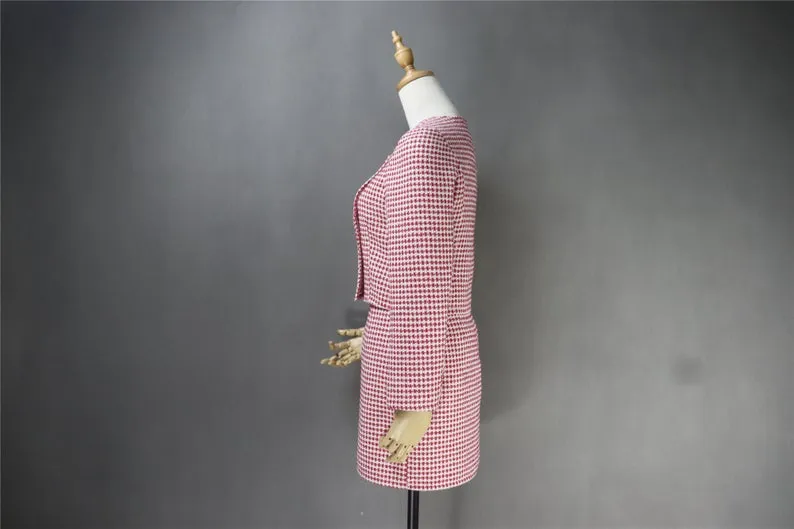 Women's Designer Inspired Custom Made Tweed Squire Neck Small Check Blazer   Skirt Suit