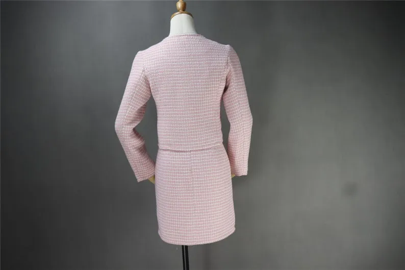 Women's Designer Inspired Custom Made Tweed Squire Neck Small Check Blazer   Skirt Suit