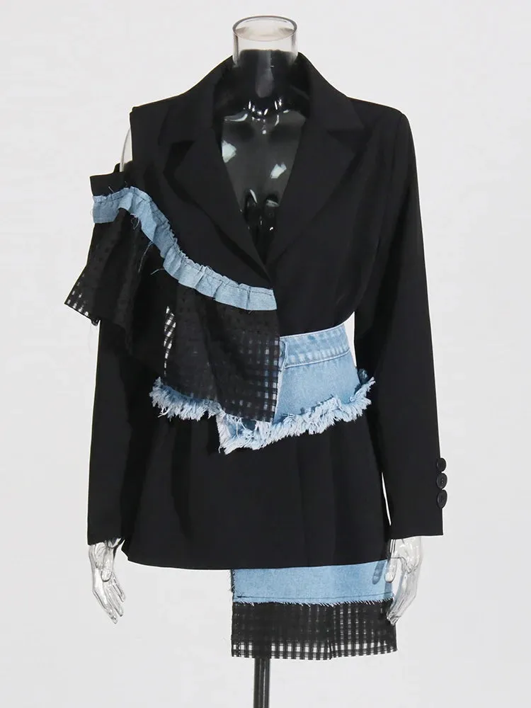 Women's Luxe Asymmetric Black Blazer with Denim