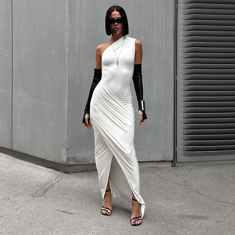 Women's Solid Color Long Dress Casual Diagonal Collar Sleeveless Slim One Shoulder Dress