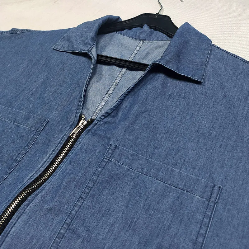 Zipper Pockets Midi Denim Dress