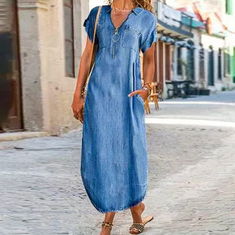 Zipper Pockets Midi Denim Dress