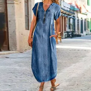 Zipper Pockets Midi Denim Dress